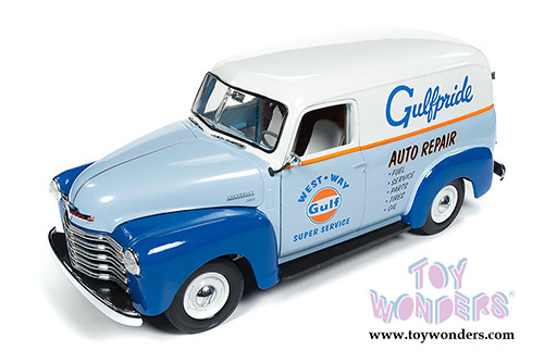 Auto World - Gulf® Oil Chevrolet® Panel Delivery Truck (1948, 1/18 scale diecast model car, Light Blue/Orange) AW250