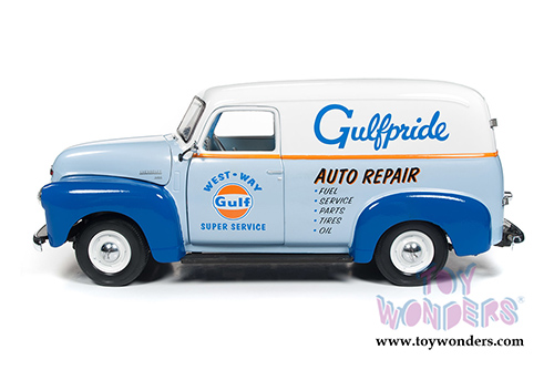 Auto World - Gulf® Oil Chevrolet® Panel Delivery Truck (1948, 1/18 scale diecast model car, Light Blue/Orange) AW250