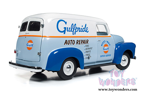 Auto World - Gulf® Oil Chevrolet® Panel Delivery Truck (1948, 1/18 scale diecast model car, Light Blue/Orange) AW250