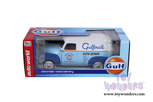 Auto World - Gulf® Oil Chevrolet® Panel Delivery Truck (1948, 1/18 scale diecast model car, Light Blue/Orange) AW250