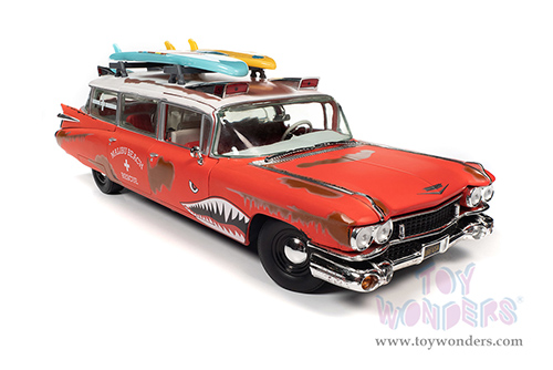 Auto World - Cadillac® Eldorado Ambulance "Malibu Beach Rescue" (Weathered) "Surf Shark" (1959, 1/18 scale diecast model car, Red/White) AW312