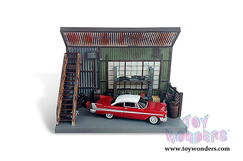 Auto World Silver Screen Machines - Diorama Christine's Plymouth Fury car with "Darnell's Garage" Scenic Display (1958, 1/64 scale diecast model car, Red) AWSD001/12