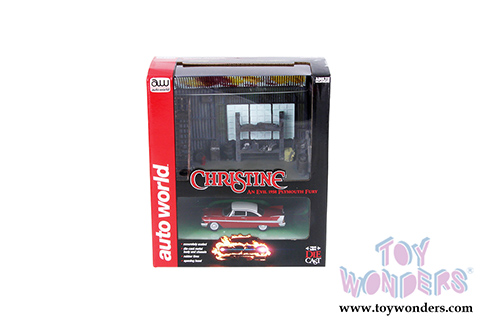 Auto World Silver Screen Machines - Diorama Christine's Plymouth Fury car with "Darnell's Garage" Scenic Display (1958, 1/64 scale diecast model car, Red) AWSD001/12