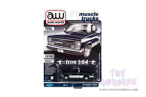 Auto World Premium - 2021 Release 5 | Chevrolet&reg; Silverado&trade; Pickup Truck "Muscle Trucks" (1985, 1/64 scale diecast model car, Dark Blue Poly Body w/White Lower & White Roof) AWSP087/24A