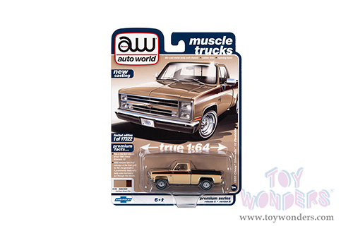 Auto World Premium - 2021 Release 5 | Chevrolet&reg; Silverado&trade; Pickup Truck "Muscle Trucks" (1985, 1/64 scale diecast model car, Tan Body w/Dark Brown Side Stripes & Bed) AWSP087/24B
