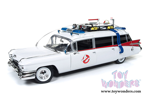 Auto World Silver Screen Machines - Ghostbuster Cadillac Ambulance Ecto-1 (1959, 1/18 scale diecast model car, White) AWSS118