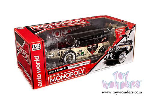 Auto World - MONOPOLY Cadillac V16 Sport Phaeton Convertible with Mr. Monopoly Figure (1932, 1/18 scale diecast model car, Cream/Black) AWSS127