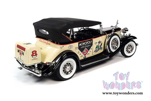Auto World - MONOPOLY Cadillac V16 Sport Phaeton Convertible with Mr. Monopoly Figure (1932, 1/18 scale diecast model car, Cream/Black) AWSS127