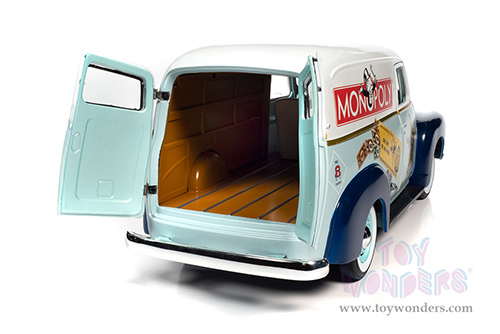 Auto World - MONOPOLY Chevrolet® Panel Police Van with Mr. Monopoly Figurine (1948, 1/18 scale diecast model car, Green/White/Dark Blue) AWSS129