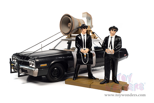 Auto World - Dodge Monaco "Bluesmobile" with Loud Speaker (Dirty) with Jake and Elwood Blues Figures "The Blues Brothers" (1980) Movie (1974, 1/18 scale diecast model car, Black/White) AWSS133