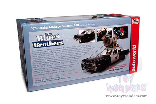 Auto World - Dodge Monaco "Bluesmobile" with Loud Speaker (Dirty) with Jake and Elwood Blues Figures "The Blues Brothers" (1980) Movie (1974, 1/18 scale diecast model car, Black/White) AWSS133