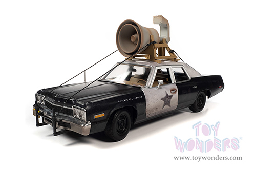 Auto World - Dodge Monaco "Bluesmobile" with Loud Speaker (Dirty) with Jake and Elwood Blues Figures "The Blues Brothers" (1980) Movie (1974, 1/18 scale diecast model car, Black/White) AWSS133
