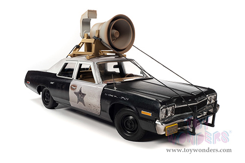 Auto World - Dodge Monaco "Bluesmobile" with Loud Speaker (Dirty) with Jake and Elwood Blues Figures "The Blues Brothers" (1980) Movie (1974, 1/18 scale diecast model car, Black/White) AWSS133