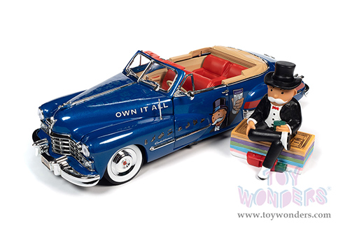 Auto World - Cadillac&reg; Series 62 Convertible with Mr. Monopoly Resin Figure (1947, 1/18 scale diecast model car, Blue/Red) AWSS136
