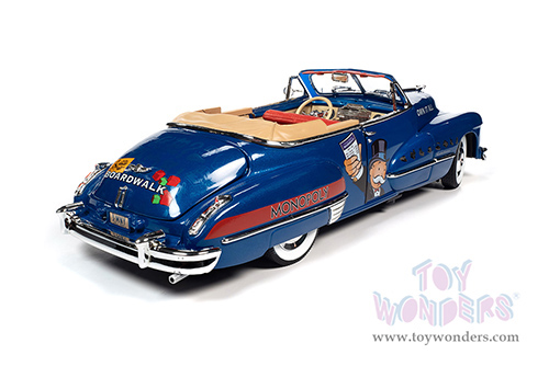 Auto World - Cadillac&reg; Series 62 Convertible with Mr. Monopoly Resin Figure (1947, 1/18 scale diecast model car, Blue/Red) AWSS136
