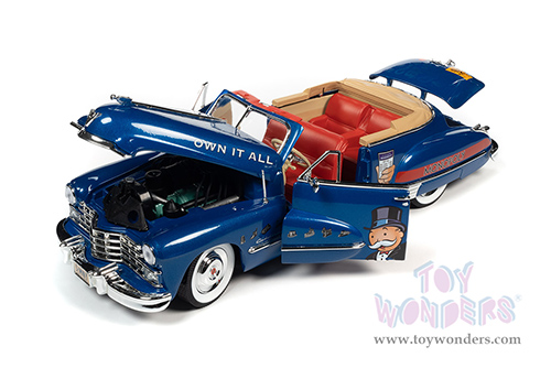 Auto World - Cadillac&reg; Series 62 Convertible with Mr. Monopoly Resin Figure (1947, 1/18 scale diecast model car, Blue/Red) AWSS136
