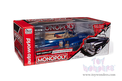 Auto World - Cadillac&reg; Series 62 Convertible with Mr. Monopoly Resin Figure (1947, 1/18 scale diecast model car, Blue/Red) AWSS136