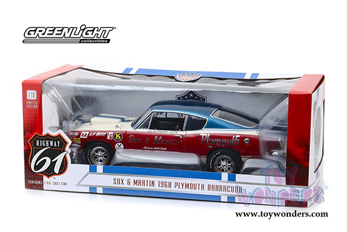Greenlight Highway 61 - Sox & Martin Plymouth Barracuda Hardtop (1968, 1/18 scale diecast model car, Red/Blue/White) HWY18003