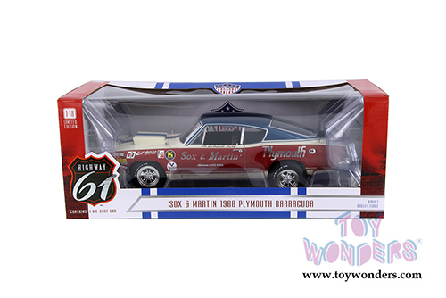Greenlight Highway 61 - Sox & Martin Plymouth Barracuda Hardtop (1968, 1/18 scale diecast model car, Red/Blue/White) HWY18003
