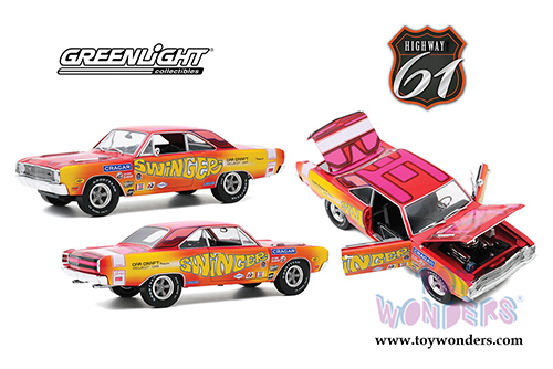 Greenlight Highway 61 - 1969 Dodge Dart 340 - Swinger- Car Craft Project Car (1969, 1/18 scale diecast model car, Pink/Red/Yellow) HWY18024