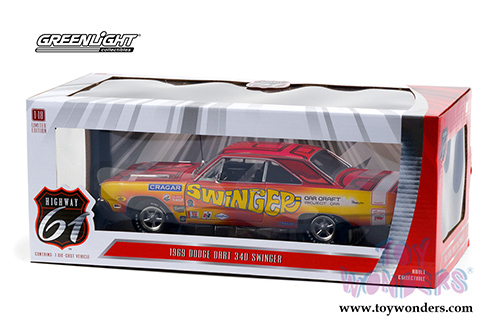 Greenlight Highway 61 - 1969 Dodge Dart 340 - Swinger- Car Craft Project Car (1969, 1/18 scale diecast model car, Pink/Red/Yellow) HWY18024