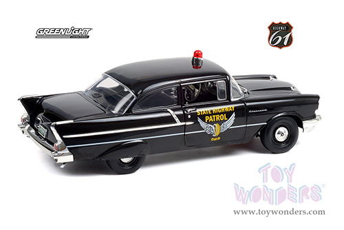 Greenlight Highway 61 - Chevrolet® 150 Sedan - Ohio State Highway Patrol (1957, 1/18 scale diecast model car, Black with White stripes) HWY18028