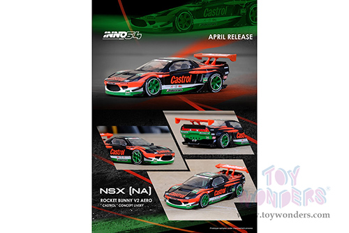 Inno Models - Honda NSX (NA1) Rocket Bunny V2 Aero CASTROL Concept Livery (1/64 scale diecast model car, Black/Orange/Green) IN64NSXP-CAS