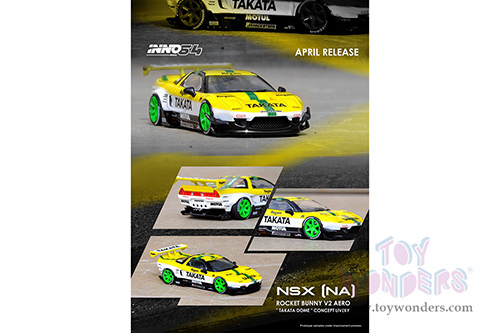 Inno Models - Honda NSX (NA1) Rocket Bunny V2 Aero TAKATA DOME Concept Livery (1/64 scale diecast model car, Yellow/White/Green) IN64NSXP-TKT
