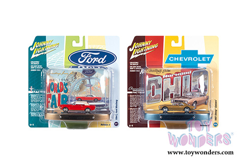 Round 2 Johnny Lightning - Dioramas 2020 Release 2 | Fair Tin Display with 1964 Ford Mustang and Norwood Tin Display with 1967 Chevy&reg; Camaro&reg; (1/64 scale diecast model car, Asstd.) JLDR012/24