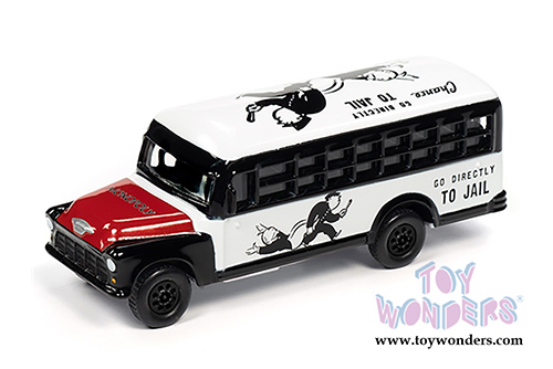 Round 2 Johnny Lightning - Pop Culture Series | Chevrolet&reg; School Bus with Token Monopoly 85th Anniversary (1956, 1/64 scale diecast model car, White/Black/Red) JLSP092/24