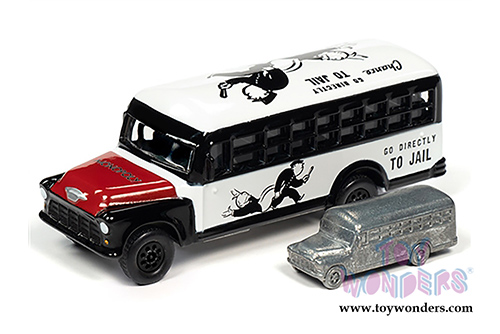 Round 2 Johnny Lightning - Pop Culture Series | Chevrolet&reg; School Bus with Token Monopoly 85th Anniversary (1956, 1/64 scale diecast model car, White/Black/Red) JLSP092/24