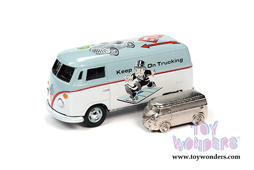 Round 2 Johnny Lightning - Pop Culture Series | Volkswagen Type 2 Transporter with Token Monopoly 85th Anniversary (1965, 1/64 scale diecast model car, Lime Green/White) JLSP133/24