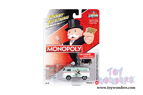 Round 2 Johnny Lightning - Pop Culture Series | Volkswagen Type 2 Transporter with Token Monopoly 85th Anniversary (1965, 1/64 scale diecast model car, Lime Green/White) JLSP133/24