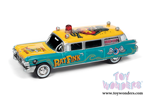 Round 2 Johnny Lightning - Cadillac&reg; Ambulance "Rat Fink" (1959, 1/64 scale diecast model car, Turquoise/Yellow) JLSP143/24