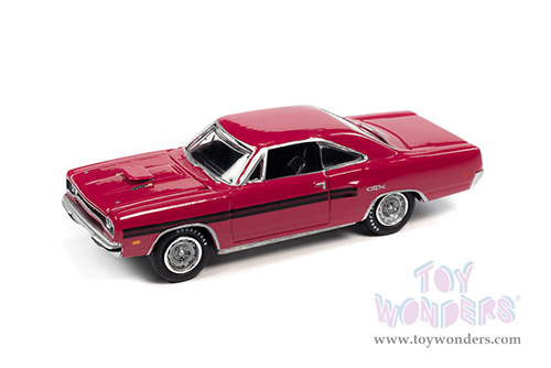 Round 2 Johnny Lightning - Muscle Cars U.S.A. | Plymouth GTX (1970, 1/64 scale diecast model car, Moulin Rouge w/Black Dual Side Stripes) JLSP177/24A