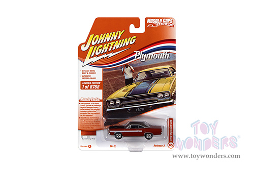 Round 2 Johnny Lightning - Muscle Cars U.S.A. | Plymouth GTX (1970, 1/64 scale diecast model car, Burnt Orange w/Gator Grain Chocolate Brown Roof White Dual Side Stripes) JLSP177/24B