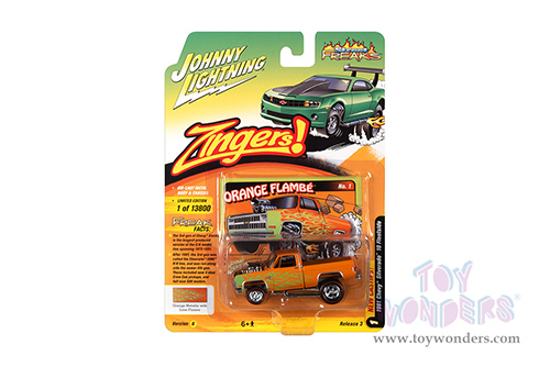 Round 2 Johnny Lightning - Street Freaks 2021 Release 3 Set A | Chevrolet&reg; Silverado 10 Fleetside - Zingers! (1981, 1/64 scale diecast model car, Metallic Orange with Lime Flames) JLSP178/24B