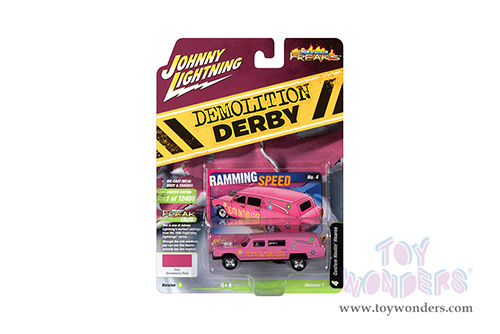 Round 2 Johnny Lightning - Street Freaks 2021 Release 3 Set A | Custom Haulin' Hearse - Demolition Derby (1/64 scale diecast model car, Flat Strawberry Pink) JLSP180/24A