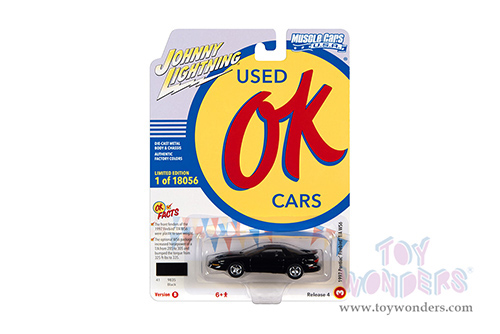 Round 2 Johnny Lightning - Muscle Cars U.S.A. 2021 Release 4 Set B | Pontiac&reg; Firebird&reg; Trans Am WS6 - OK Used Cars (1997, 1/64 scale diecast model car, Black) JLSP194/24B