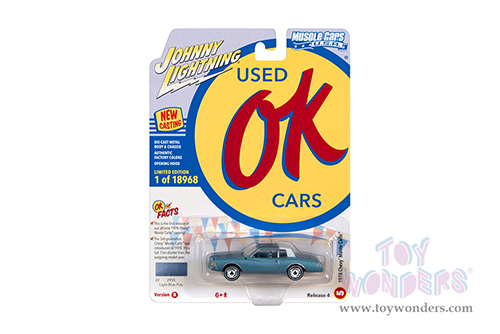 Round 2 Johnny Lightning - Muscle Cars U.S.A. 2021 Release 4 Set B | Chevrolet&reg; Monte Carlo&trade; - OK Used Cars (1978, 1/64 scale diecast model car, Light Blue/White) JLSP196/24B