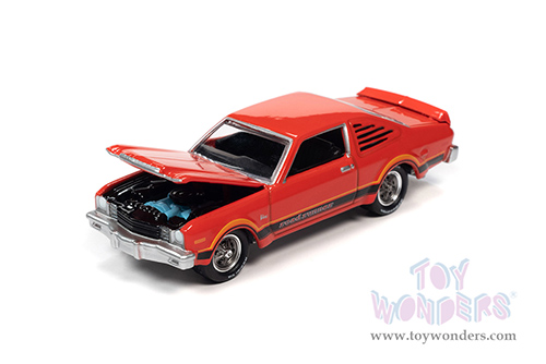 Round 2 Johnny Lightning - Muscle Cars U.S.A. 2021 Release 4 Set A | Plymouth Volare Road Runner - OK Used Cars (1976, 1/64 scale diecast model car, Spitfire Orange w/Black & Orange Side Stripes) JLSP197/24A