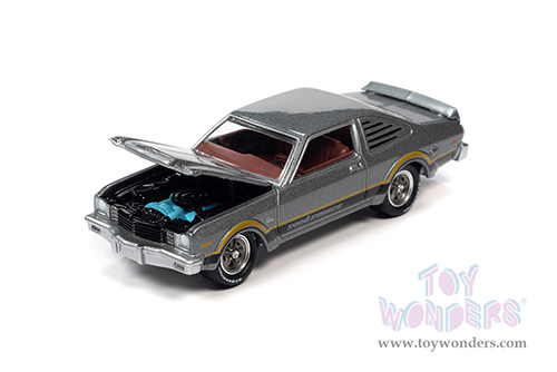 Round 2 Johnny Lightning - Muscle Cars U.S.A. 2021 Release 4 Set B | Plymouth Volare Road Runner - OK Used Cars (1976, 1/64 scale diecast model car, Silver Cloud Poly w/Black & Orange Side Stripes) JLSP197/24B