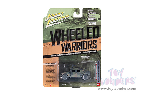 Round 2 Johnny Lightning - Military 2021 Release 1 Set B - M1025 HMMWV Armament Carrier HUMVEE 4-CT Armored Fastback United Nations Peacekeeping Mission - Policing Kosovo - Wheeled Warriors (1/64 scale diecast model car, Battle Worn Camo) JLSP198/24B