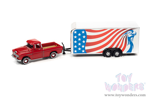 Round 2 Johnny Lightning - Truck and Trailer Release 1 | Chevrolet&reg; Cameo Pickup Truck with Enclosed Car Trailer (1955, 1/64 scale diecast model car, Cardinal Red/American Flag Graphics) JLSP200/24A