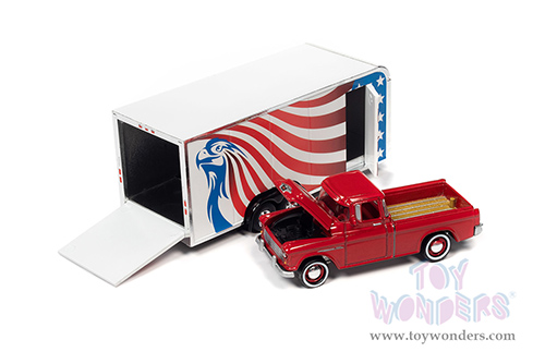 Round 2 Johnny Lightning - Truck and Trailer Release 1 | Chevrolet&reg; Cameo Pickup Truck with Enclosed Car Trailer (1955, 1/64 scale diecast model car, Cardinal Red/American Flag Graphics) JLSP200/24A