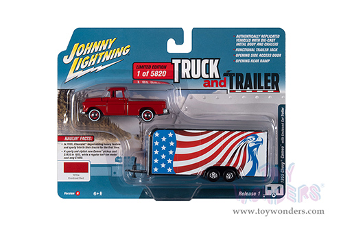 Round 2 Johnny Lightning - Truck and Trailer Release 1 | Chevrolet&reg; Cameo Pickup Truck with Enclosed Car Trailer (1955, 1/64 scale diecast model car, Cardinal Red/American Flag Graphics) JLSP200/24A