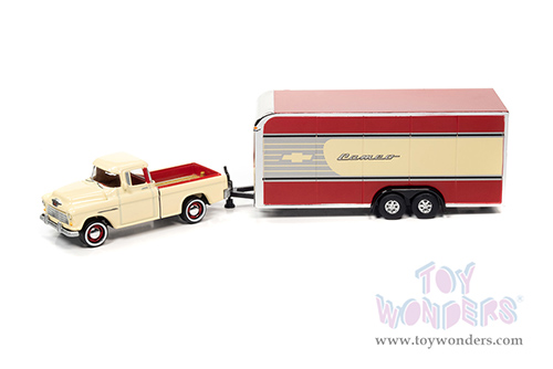 Round 2 Johnny Lightning - Truck and Trailer Release 1 | Chevrolet&reg; Cameo Pickup Truck with Enclosed Car Trailer (1955, 1/64 scale diecast model car, Bombay Ivory/Red) JLSP200/24B