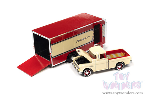 Round 2 Johnny Lightning - Truck and Trailer Release 1 | Chevrolet&reg; Cameo Pickup Truck with Enclosed Car Trailer (1955, 1/64 scale diecast model car, Bombay Ivory/Red) JLSP200/24B