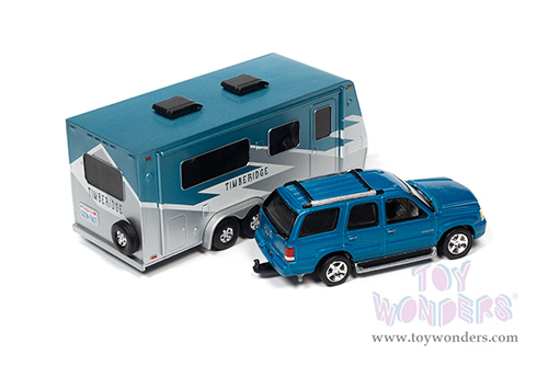 Round 2 Johnny Lightning - Truck and Trailer Release 1 | Cadillac&reg; Escalade with Camper Trailer (2005, 1/64 scale diecast model car, Custom Metallic Teal) JLSP201/24A