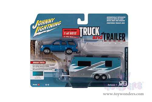 Round 2 Johnny Lightning - Truck and Trailer Release 1 | Cadillac&reg; Escalade with Camper Trailer (2005, 1/64 scale diecast model car, Custom Metallic Teal) JLSP201/24A